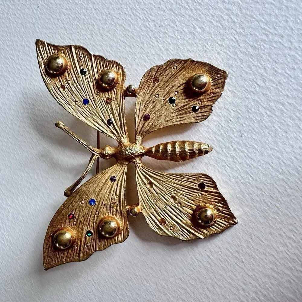 Vintage Goldtoned Tara Butterfly Statement Pin Brooch Jewelry Rhinestone